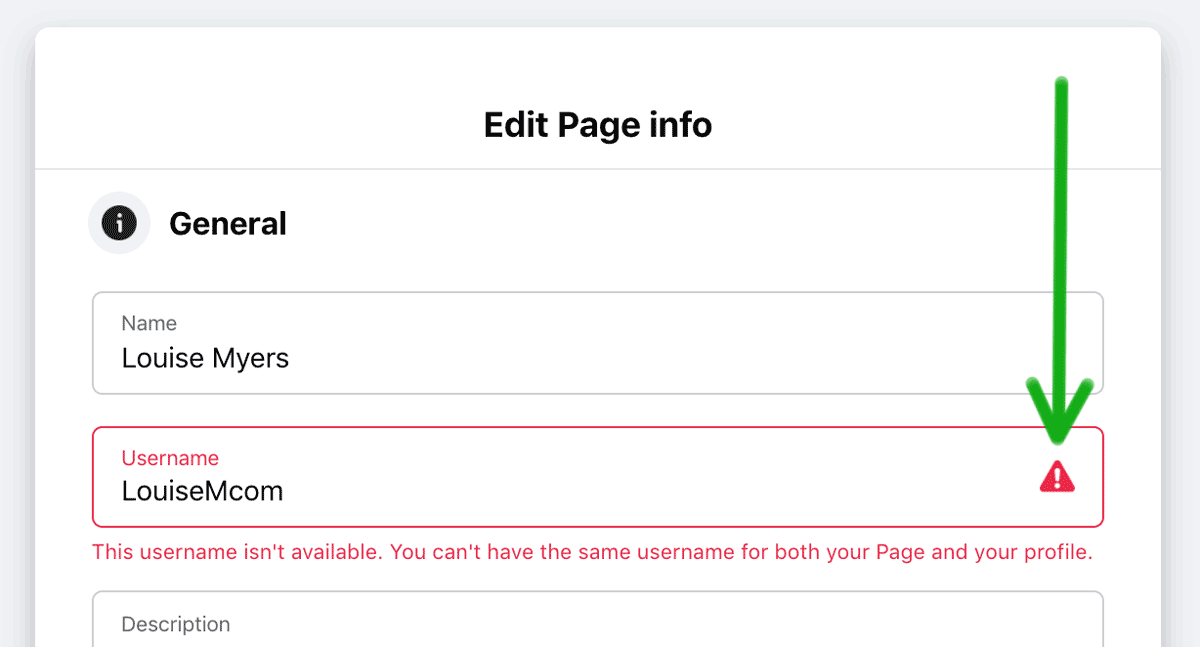red warning when facebook username is not available.
