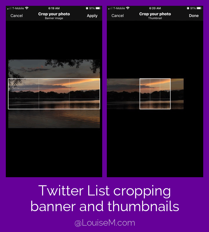 Screenshot showing how to crop your uploaded Twitter list image for banner and thumbnail.