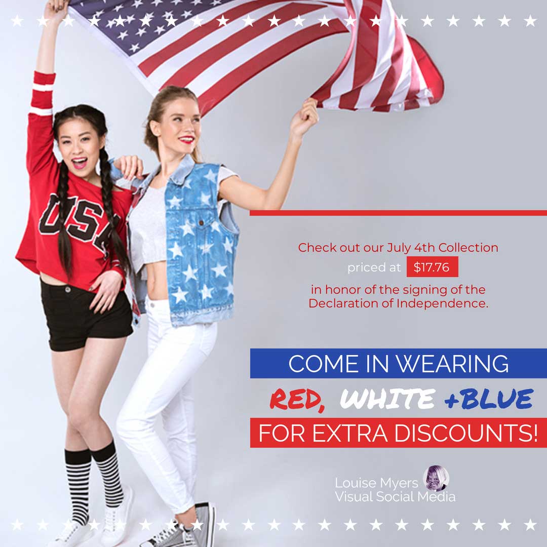 teo women in patriotic clothing waving american flag with text about a red white and blue sale.