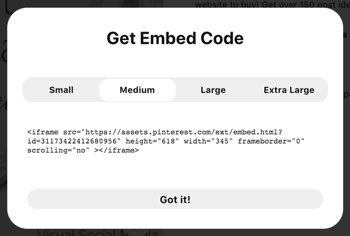 screenshot of iframe embed code popup.