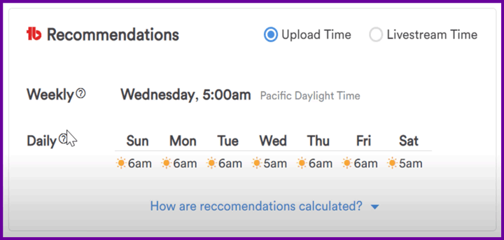 screenshot of tubebuddy recommendations for best time to post.