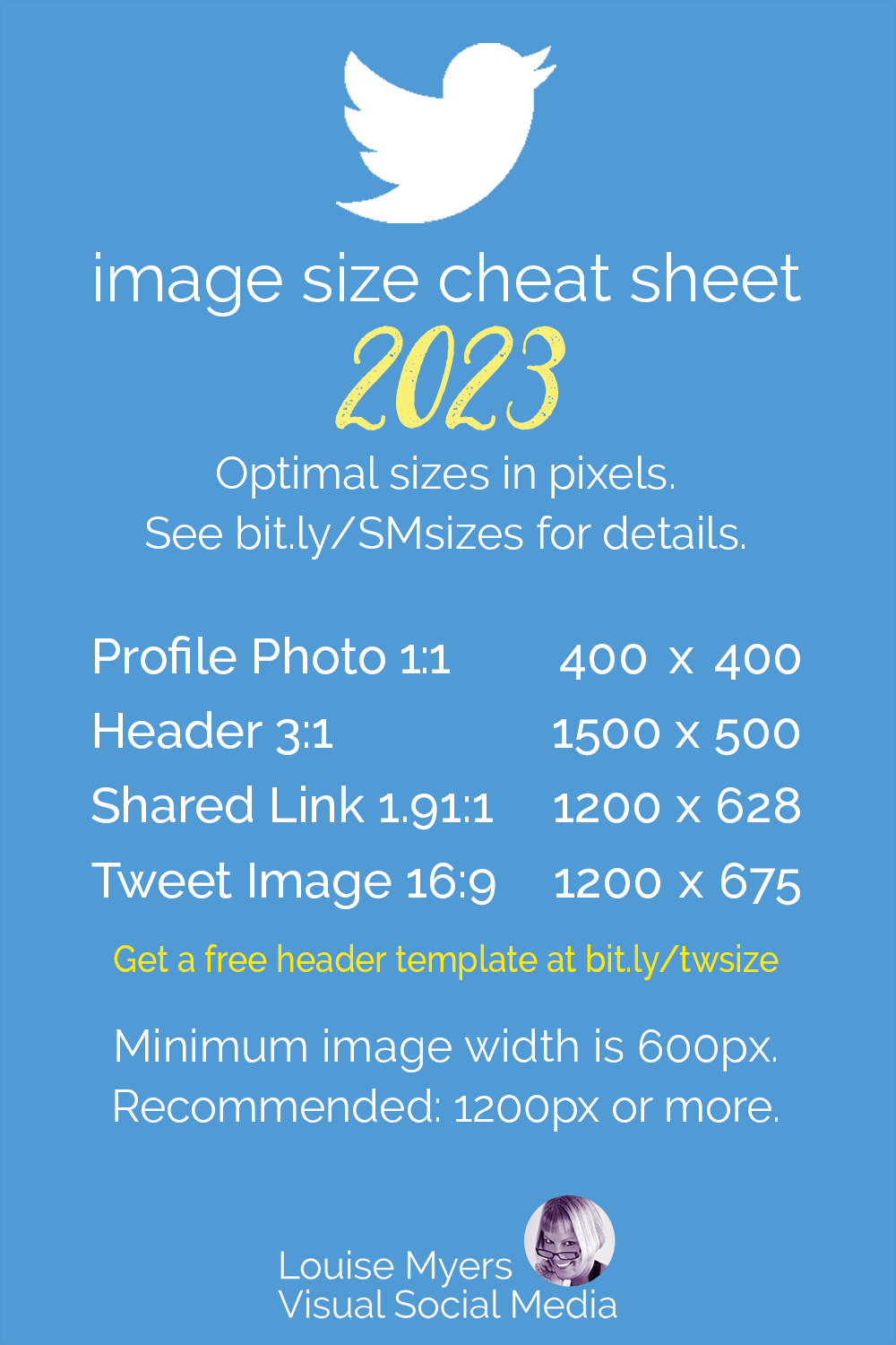 chart of twitter image sizes for 2023 on blue graphic.