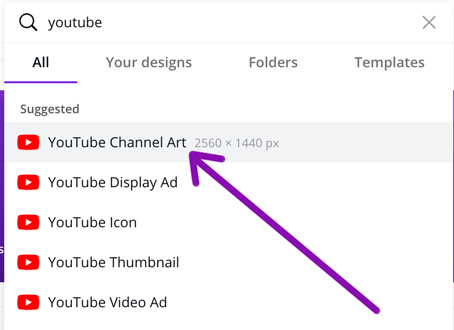 how to find YouTube Channel Art templates in Canva by search.