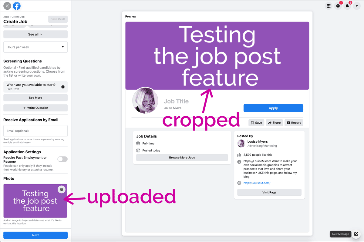screenshot showing how the job post image is cropped by facebook.