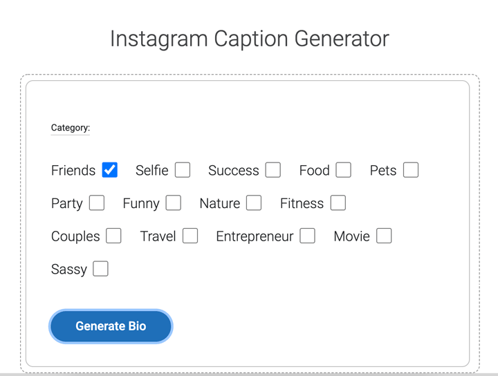 tuck tools instagram caption generator lets you choose a category.