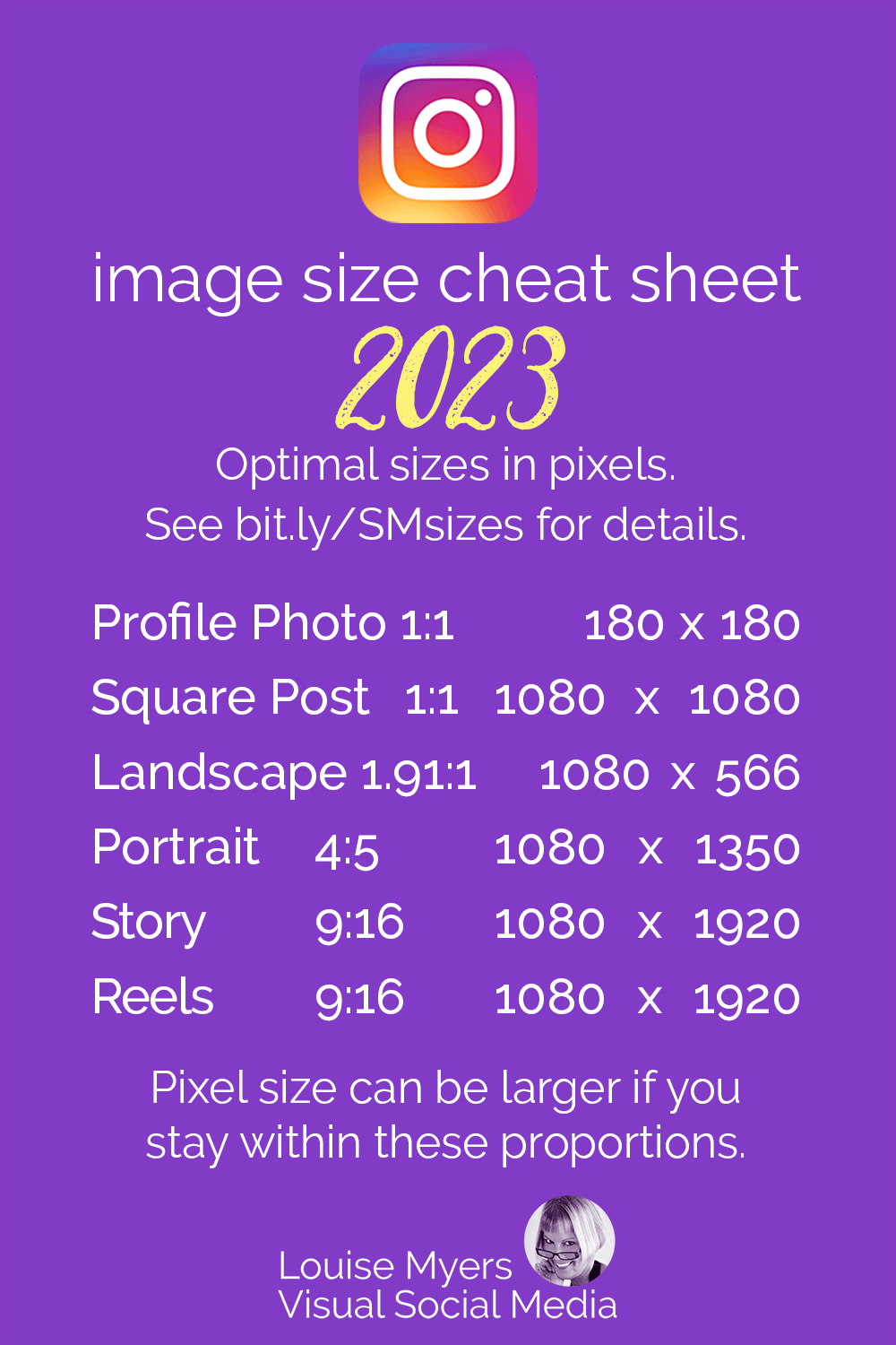 Instagram image sizes chart on purple graphic with IG logo.