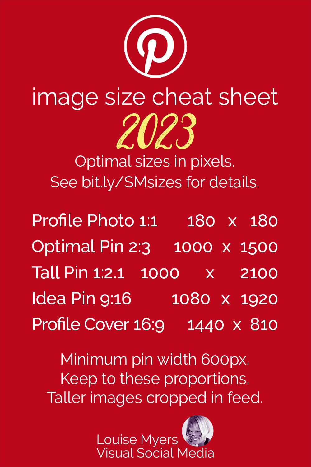 Pinterest image sizes chart on red graphic with logo.