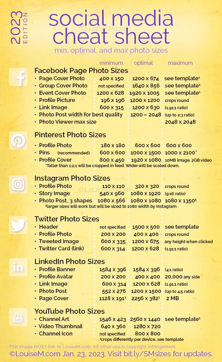 yellow Social Media cheat sheet listing image sizes for Facebook, Pinterest, Instagram, Twitter, LinkedIn, YouTube.