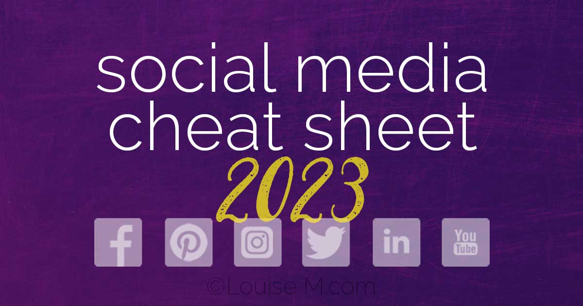 purple banner says social media cheat sheet 2023 with logos of the platforms.