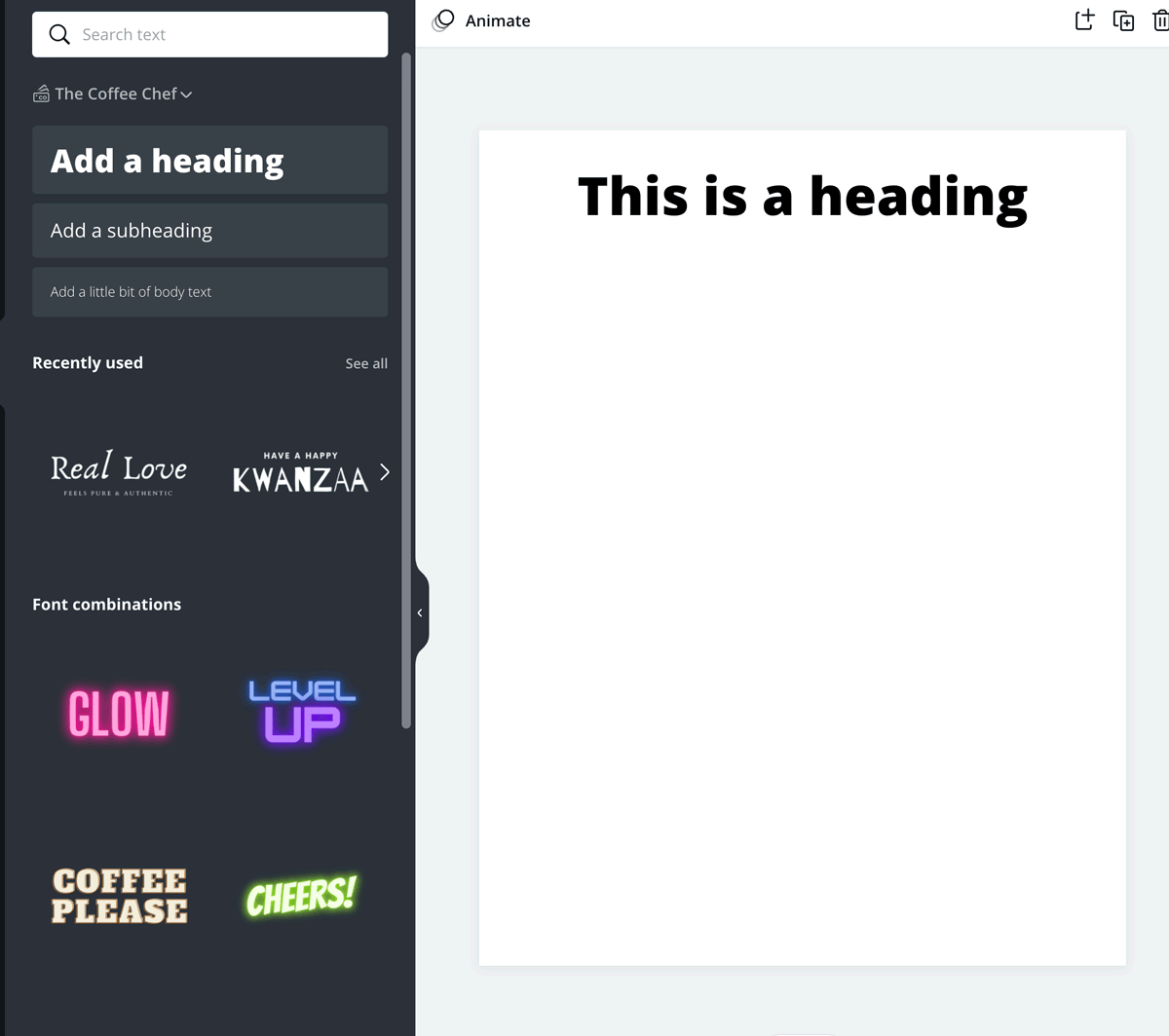 screenshot shows how to add a heading in canva.