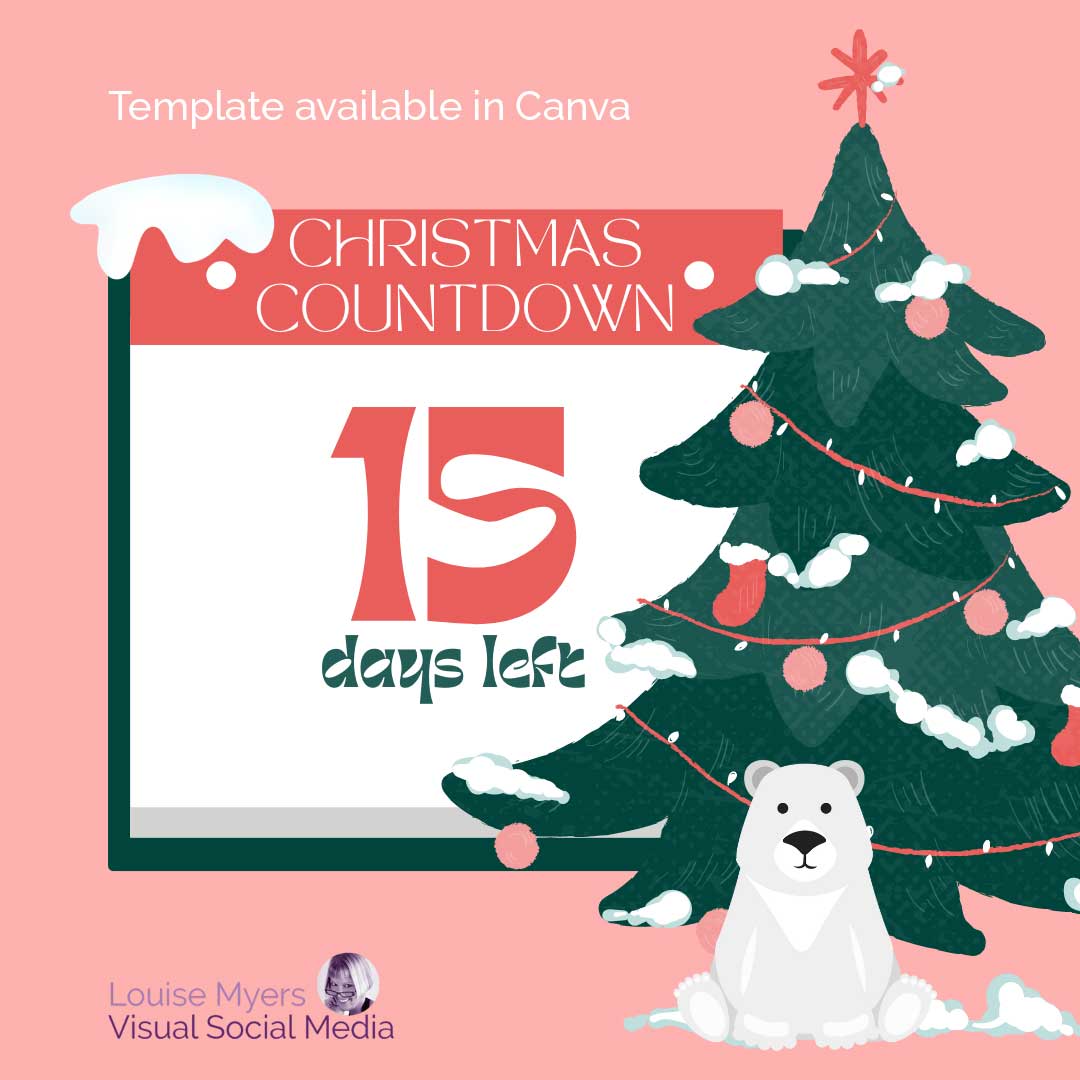 dark green christmas tree on rose background with countdown to christmas calendar.