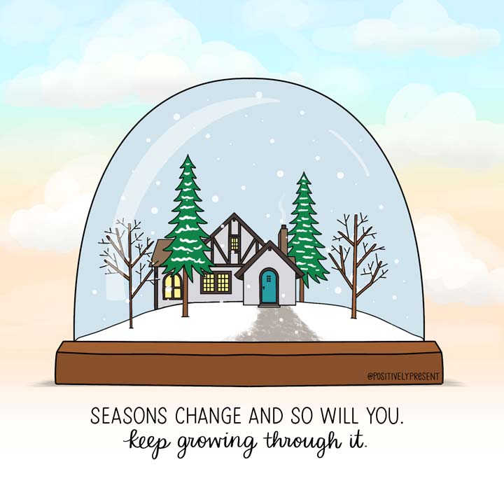 seasons change winter scene in snow globe.