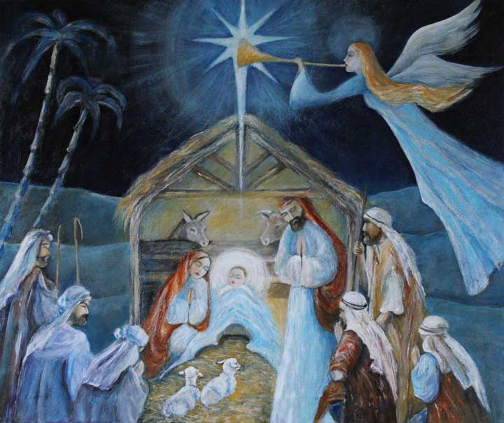artwork of nativity scene baby jesus in the manger christmas morning.