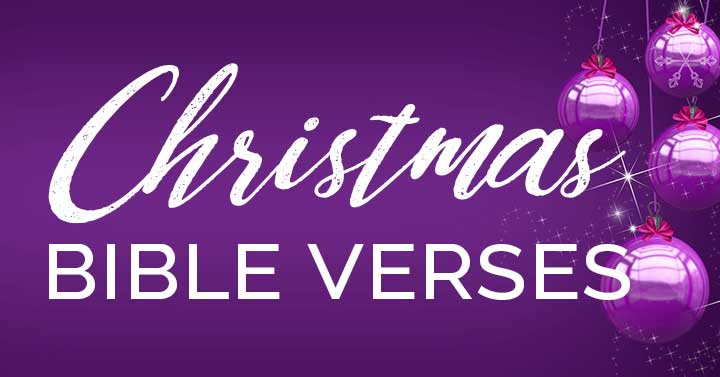 Christmas Bible verses text on purple ornaments.