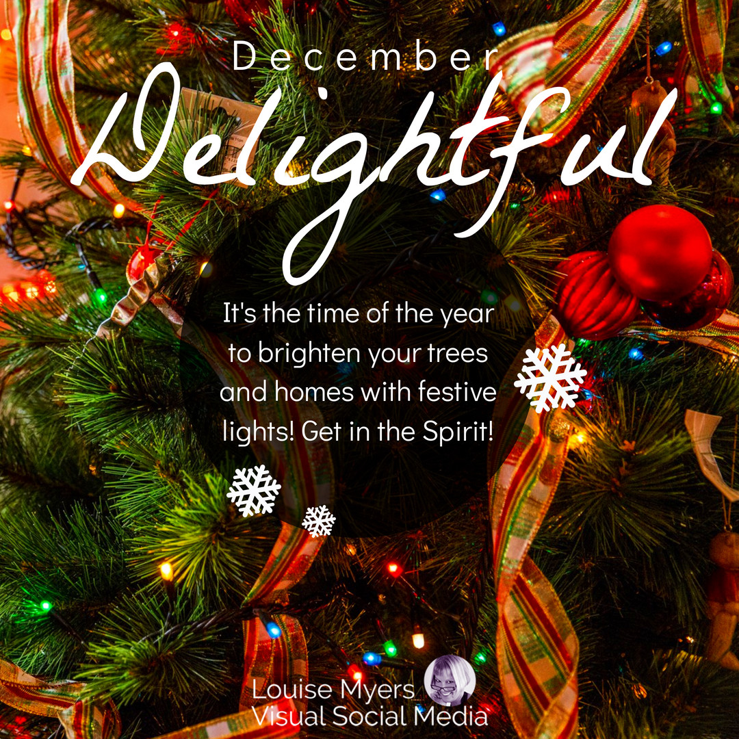 christmas decor of evergreen branches, plaid ribbons and lights has text saying december delightful.