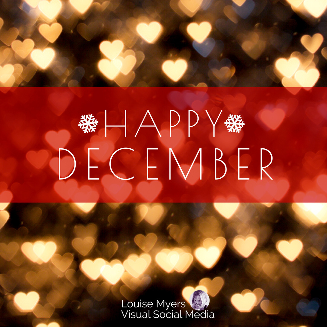 heart shaped lights glow in warm white on dark background with red banner saying happy december.