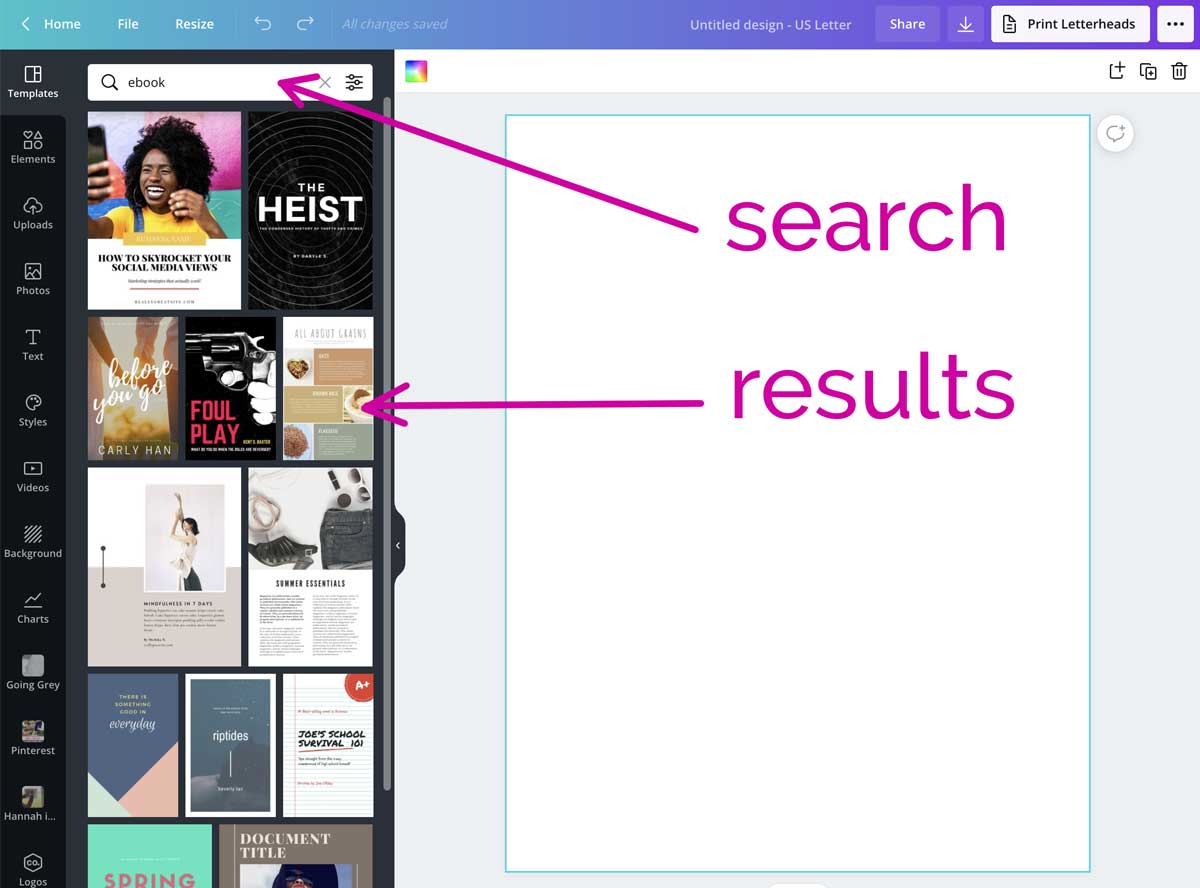 screenshot shows how to find ebook templates in canva.