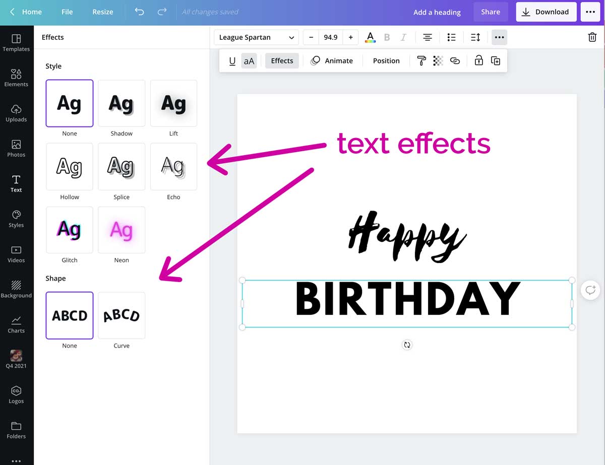 screenshot showing the different text effects in canva.