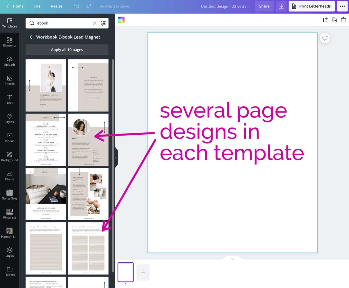 screenshot shows different pages in one canva ebook template.