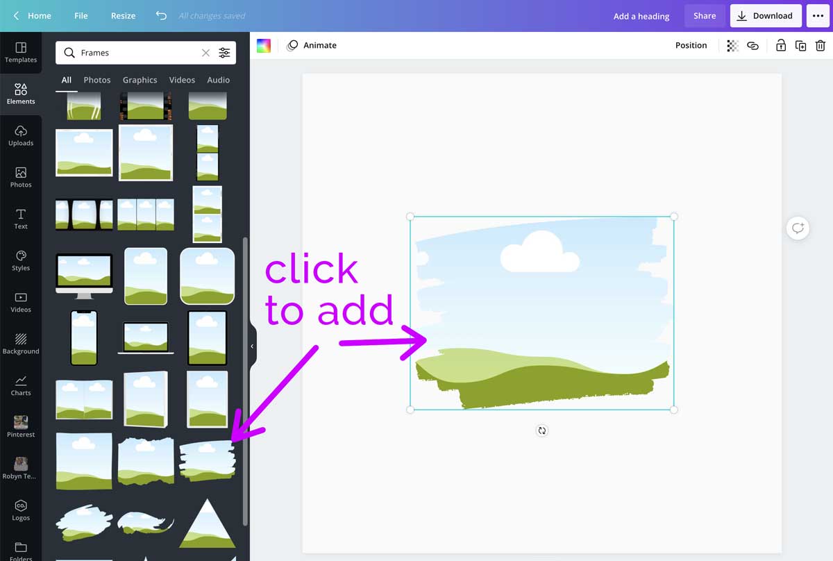 screenshot showing how to select the frame you want.