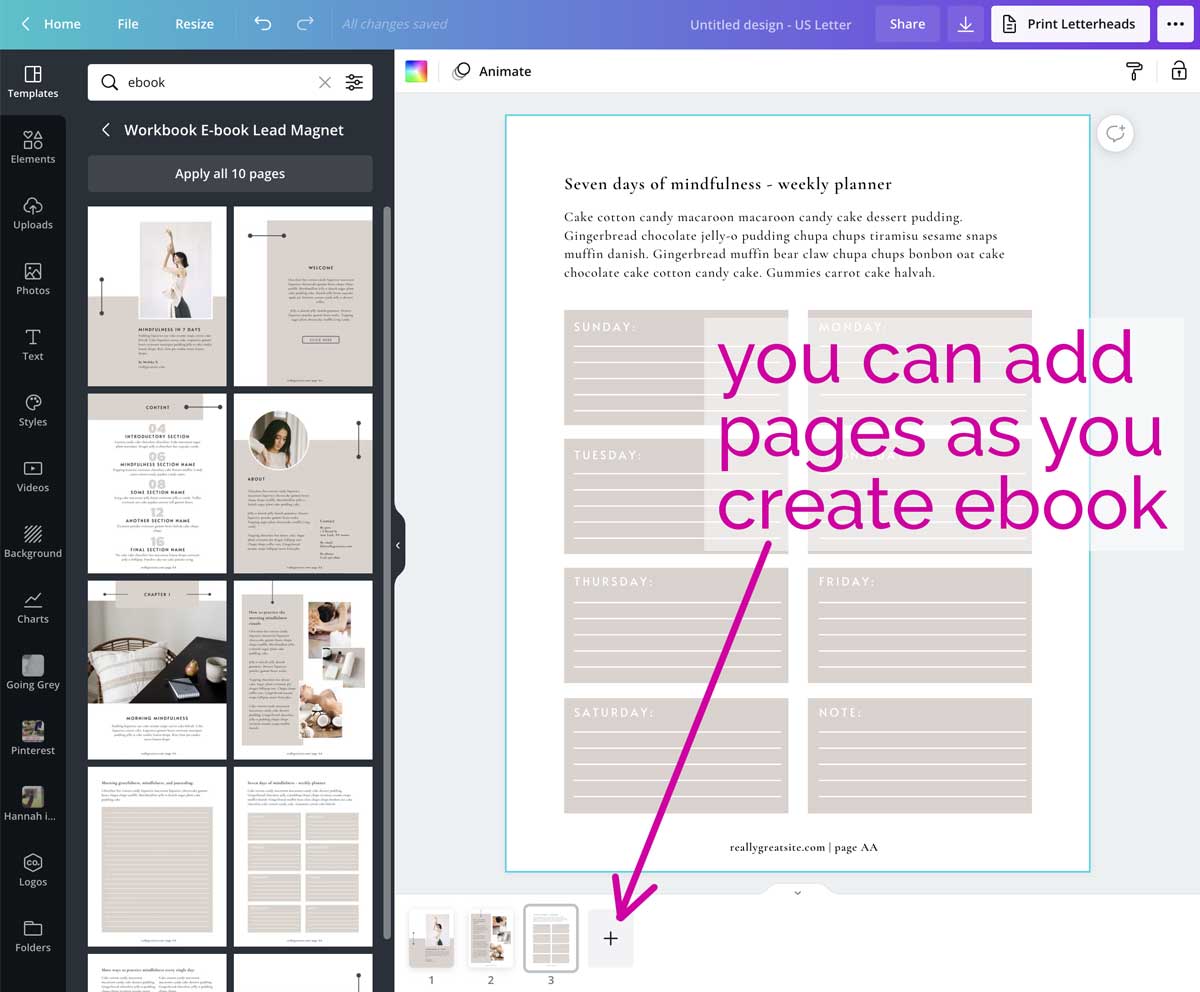 screenshot shows how to add pages to your ebook in canva.