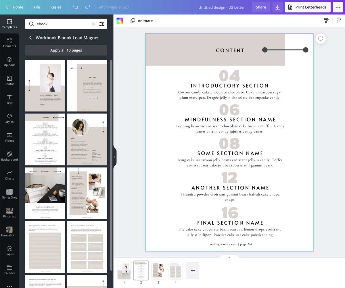 screenshot shows how to add table of contents page to your ebook in canva.