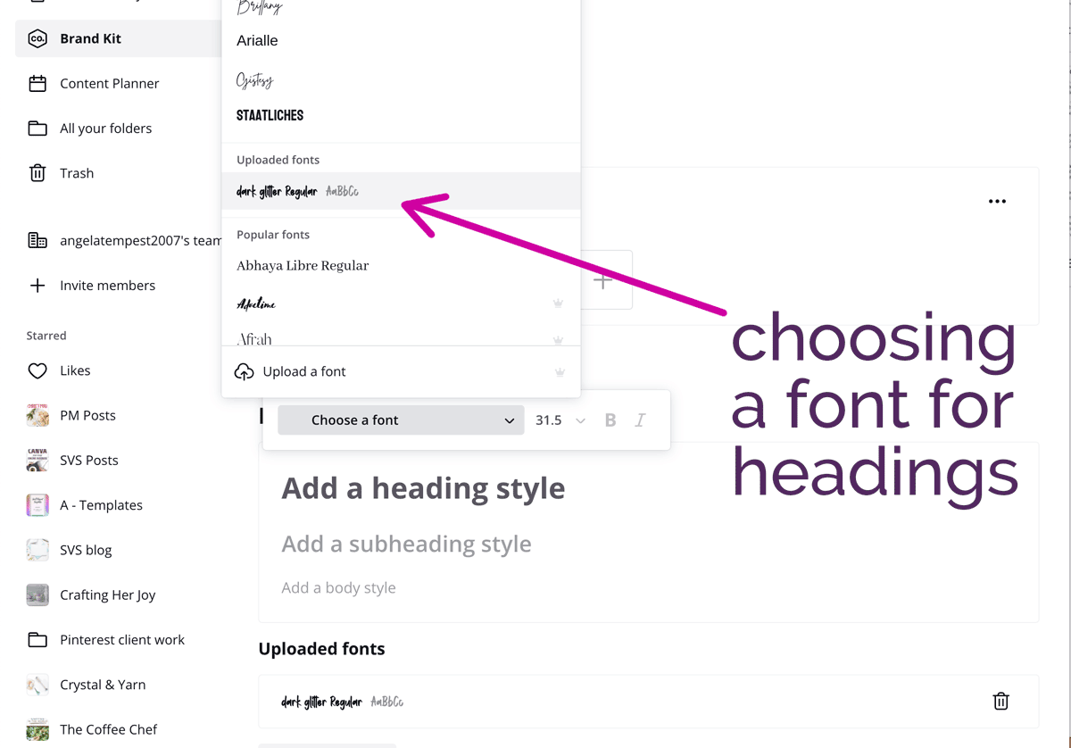 screenshot shows how to choose font for styles in canva brand kit.