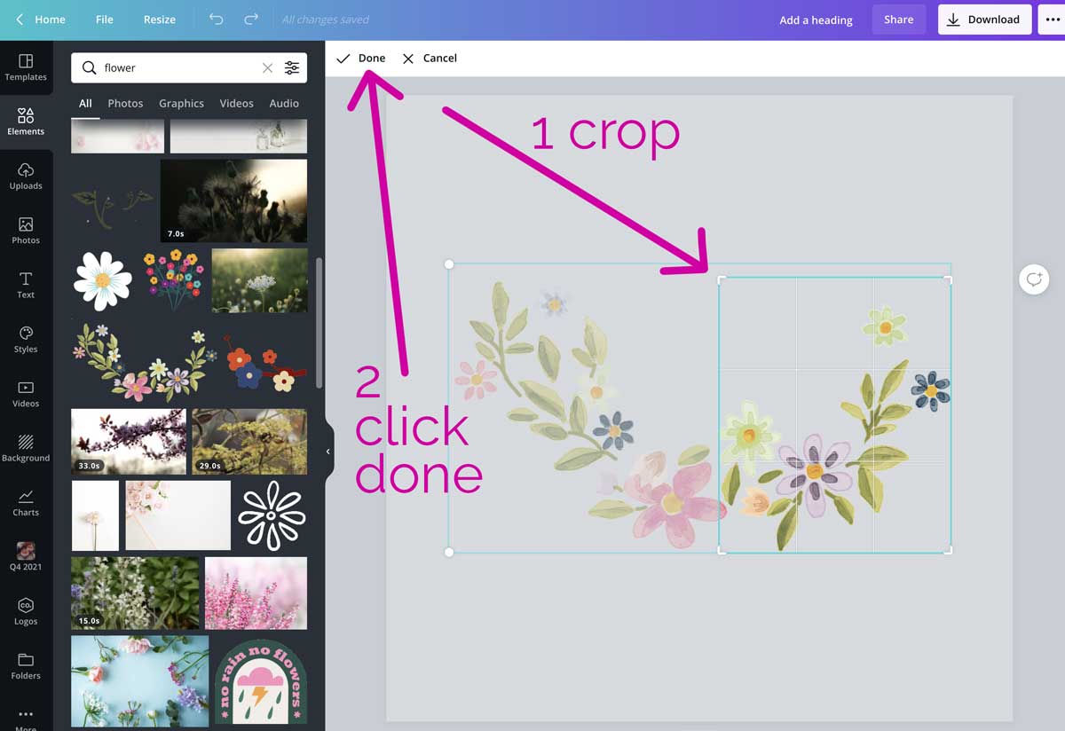 selecting a portion of the image to be cropped in canva.