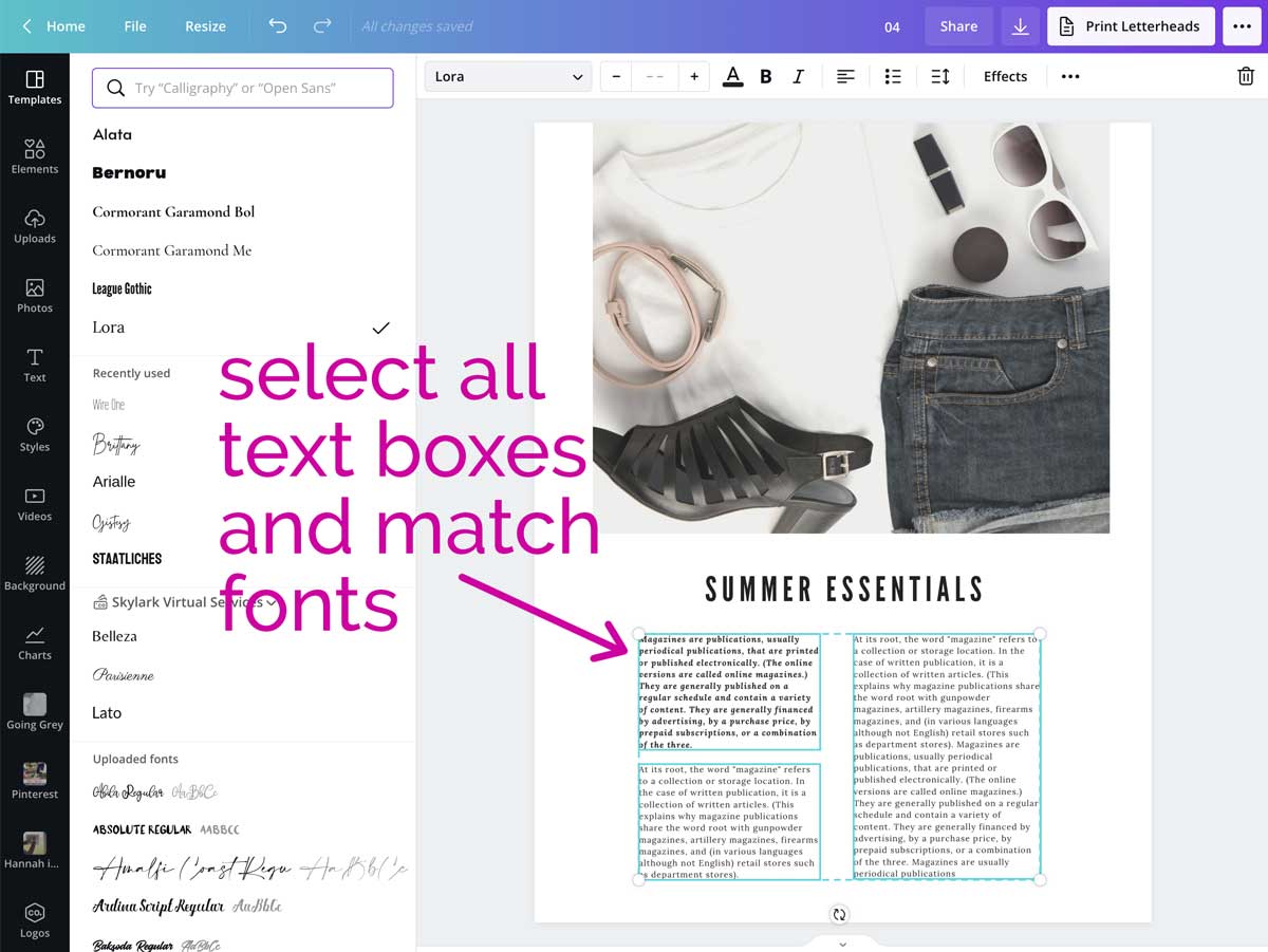 selecting all text boxes to match the fonts in your ebook.