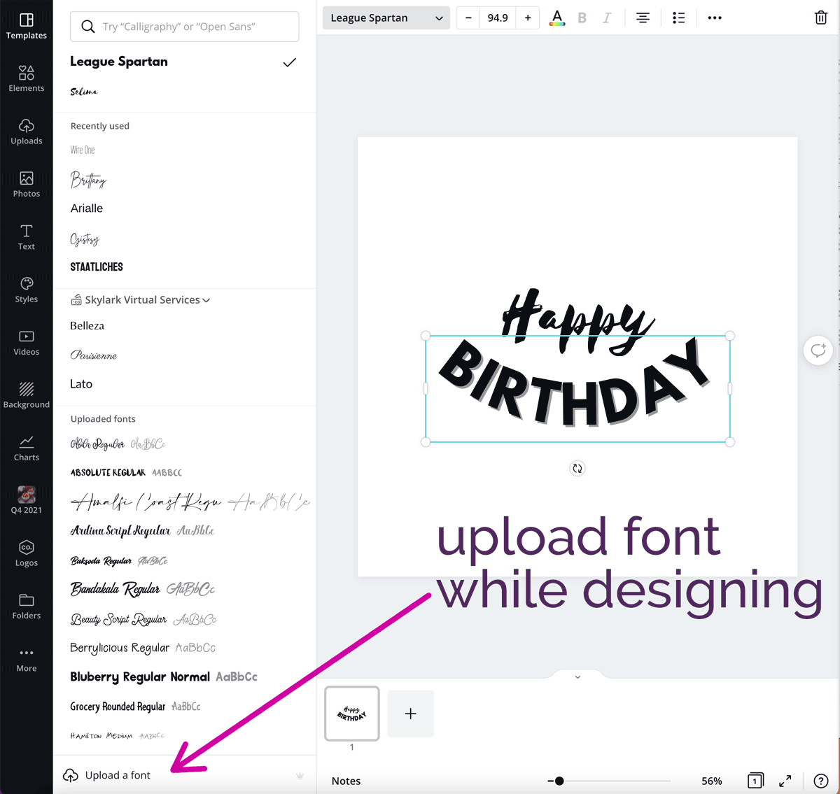 acreenshot shows how to upload a font while designing in canva.