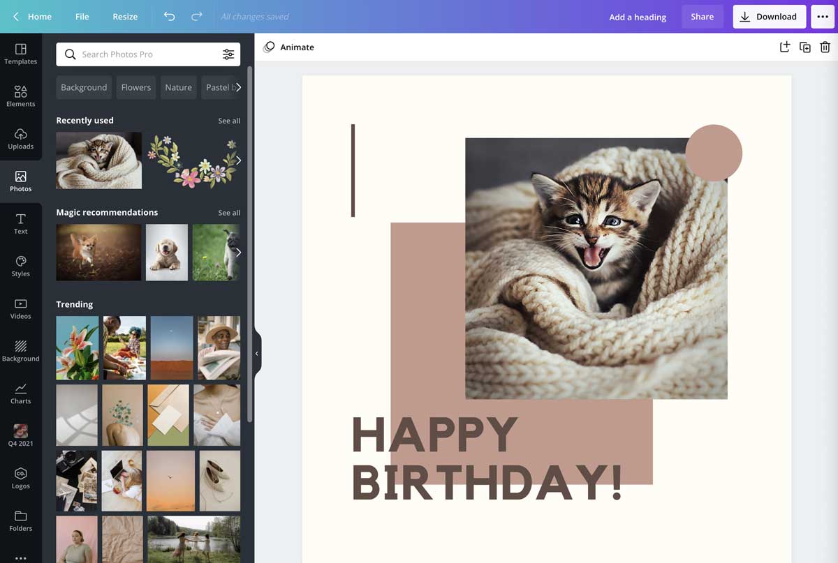 screenshot of birthday template with kitten photo.