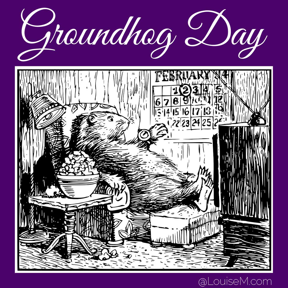vintage art of groundhog with script saying groundhog day.