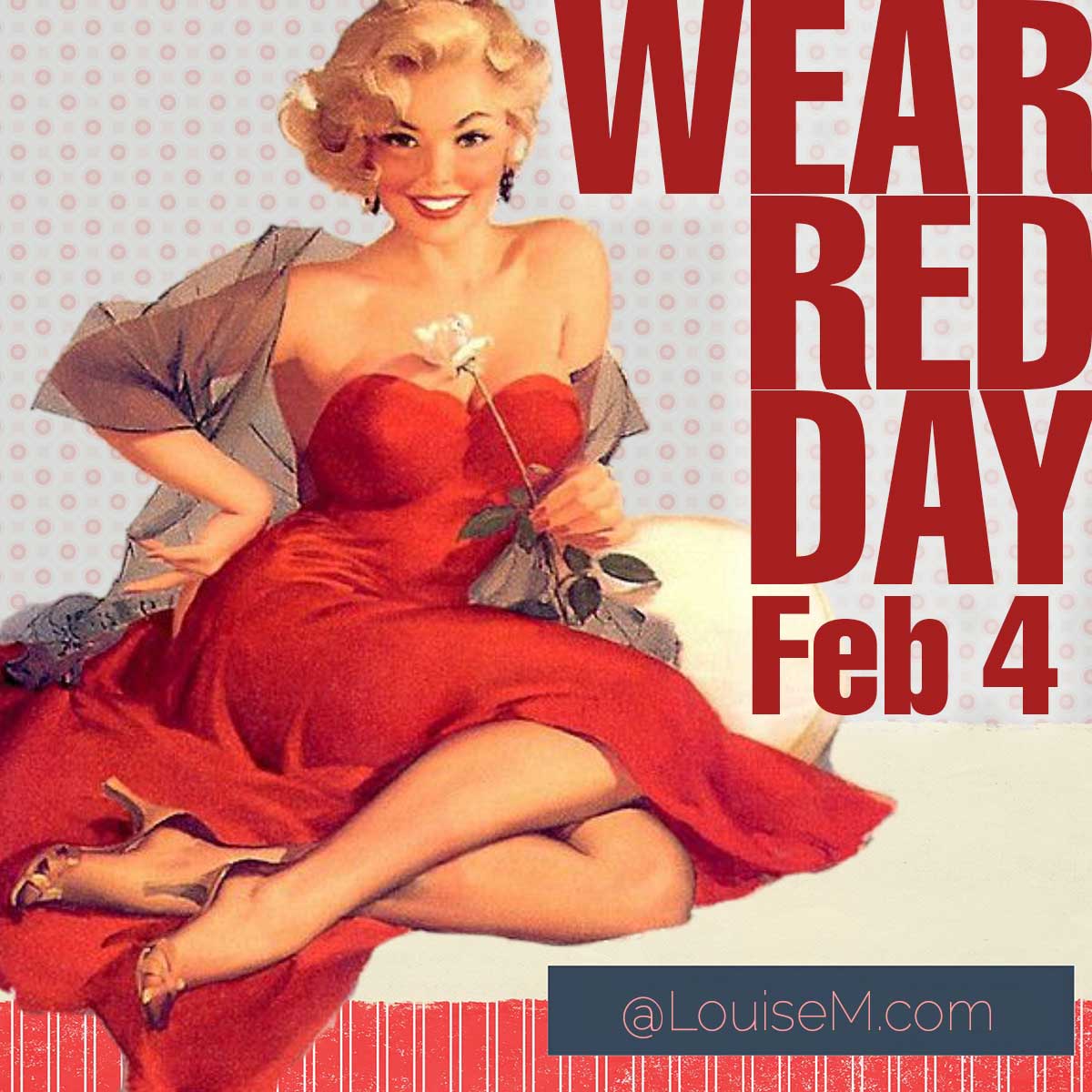 retro art of lady in red dress with words wear red day february 4.