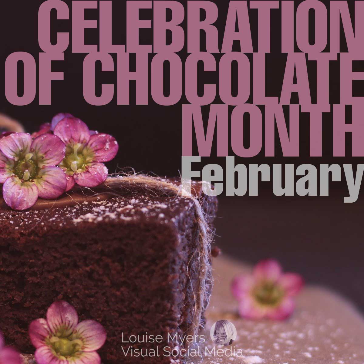 photo of chocolate cake with pink flowers says february is celebration of chocolate month.