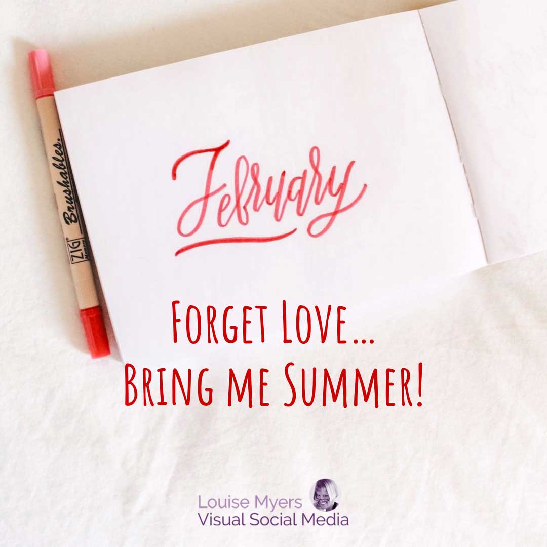 notecard with pink pen writing February on it plus words saying forget love, bring me summer!