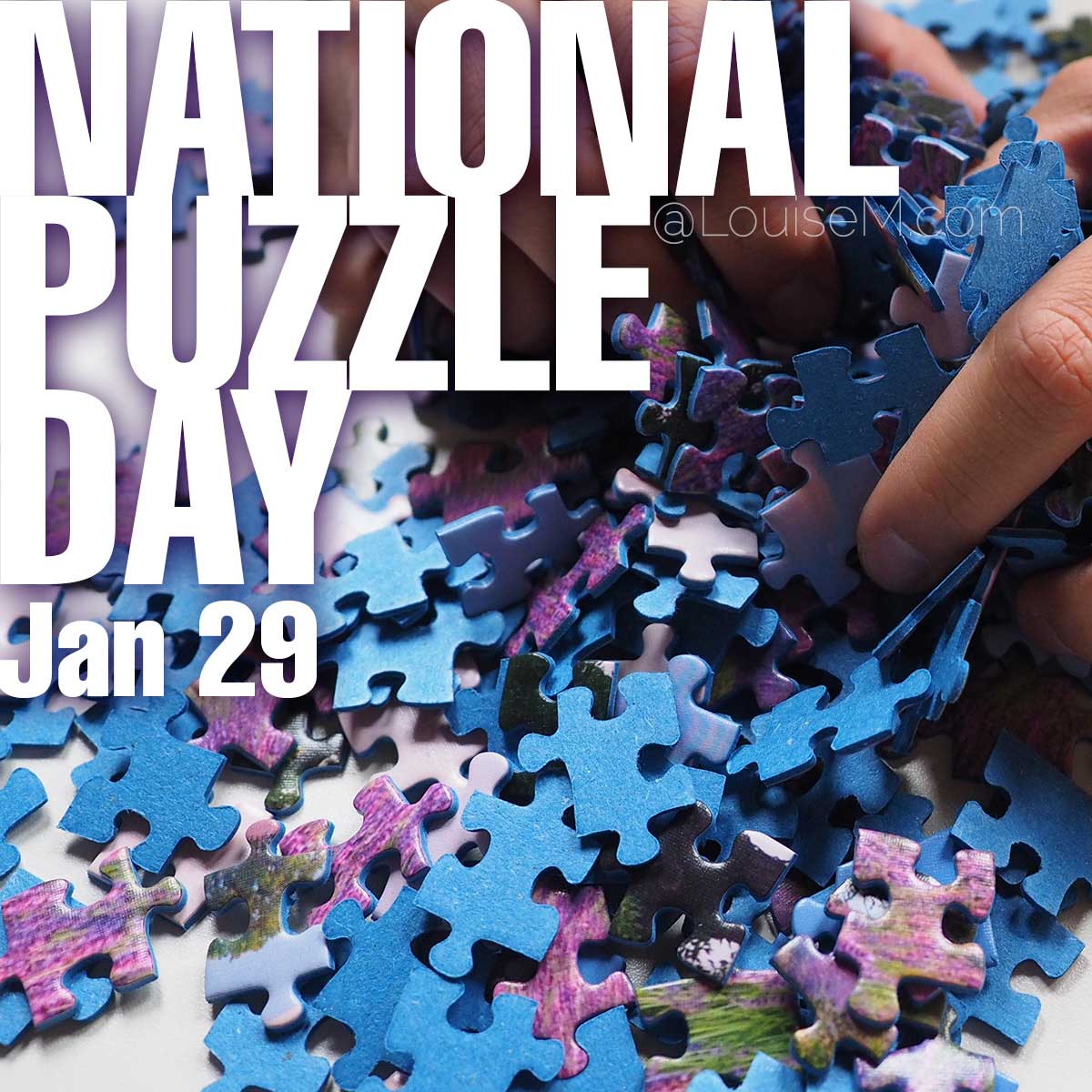National Puzzle Day text over jigsaw puzzle photo.