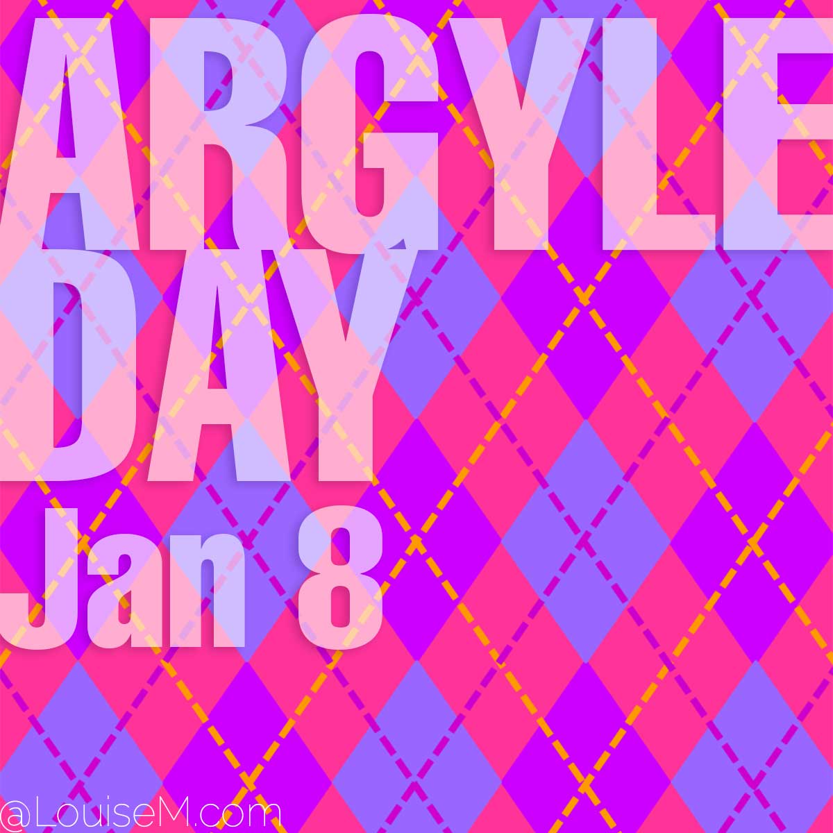 argyle day text on pink purple and blue argyle pattern.