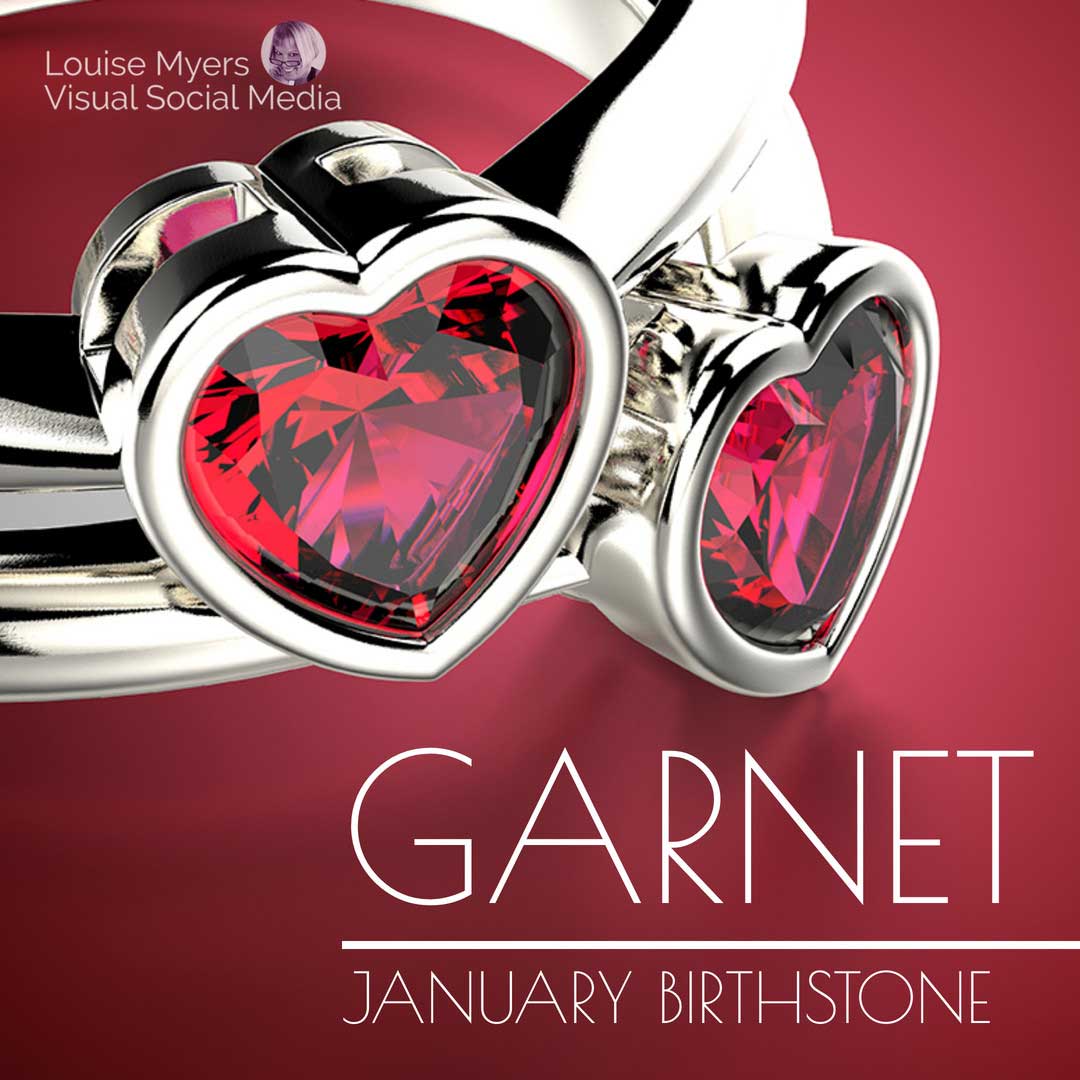 macro closeup of 2 heart shaped garnet stones in ring says january birthstone is garnet.