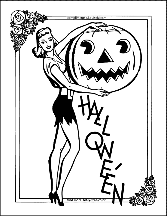 lady holding giant jack-o-lantern with rose border halloween coloring page.