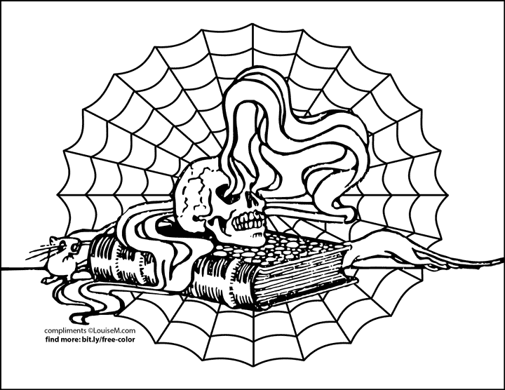 scary skull on book with giant spider web halloween coloring page.
