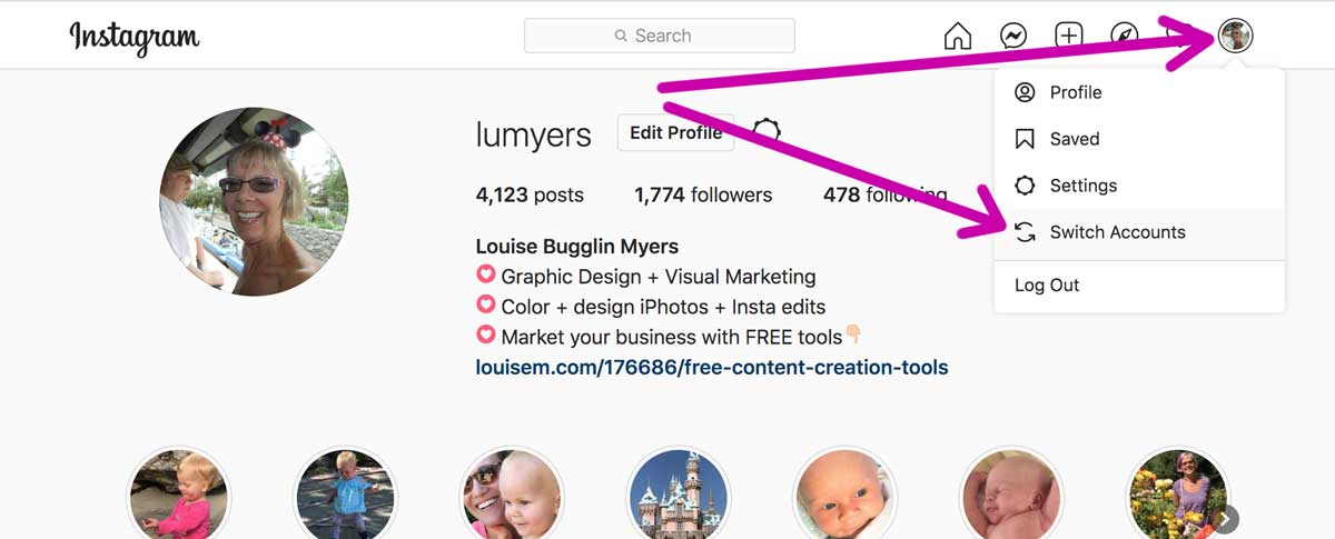 screenshot shows Switch Accounts in the dropdown menu from Instagram in browser.