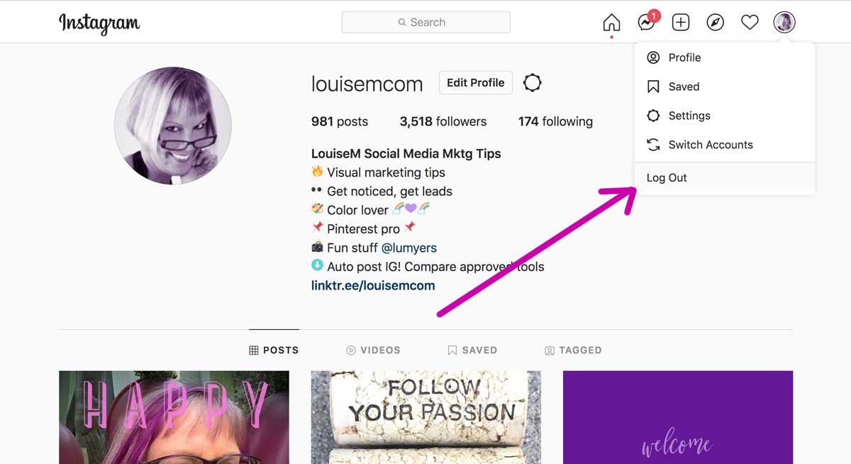 screenshot shows where to log out of linked instagram account on computer.