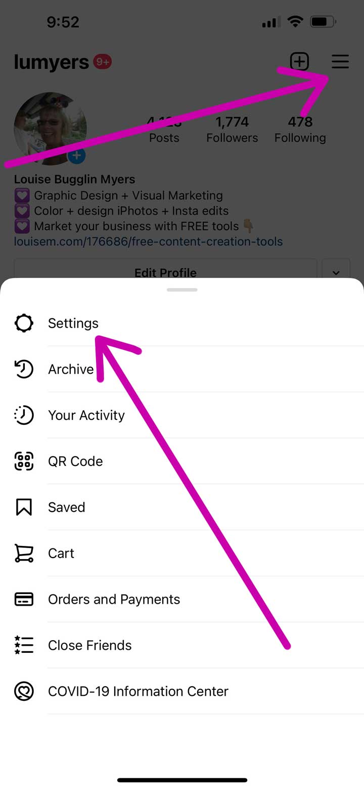 screenshot shows where to tap to open instagram settings.