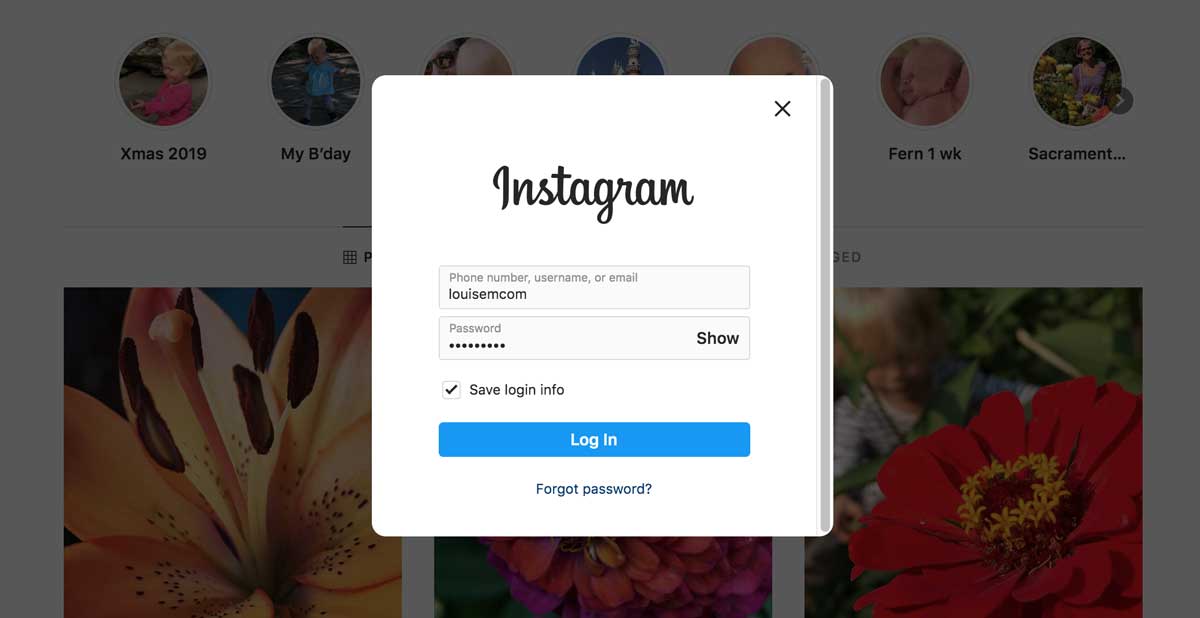 screenshot shows where to enter login info for existing IG account.