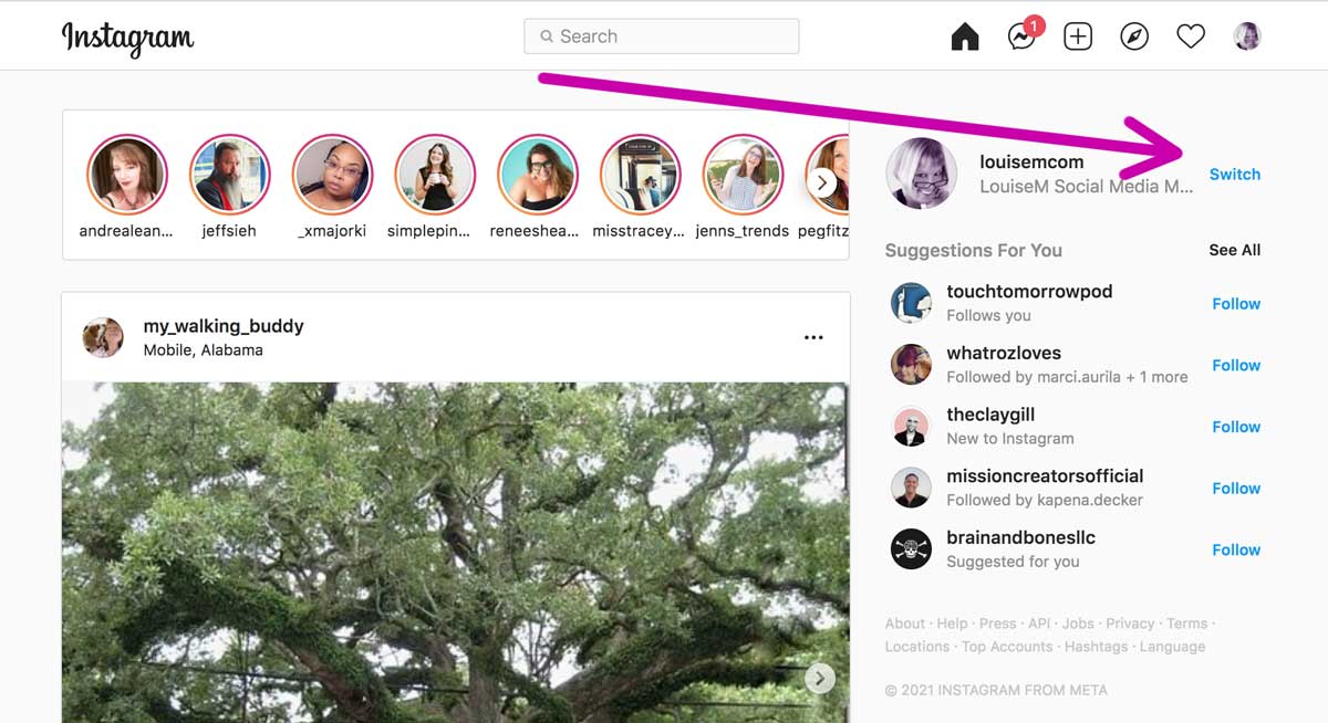 screenshot shows where to switch Instagram accounts on computer.