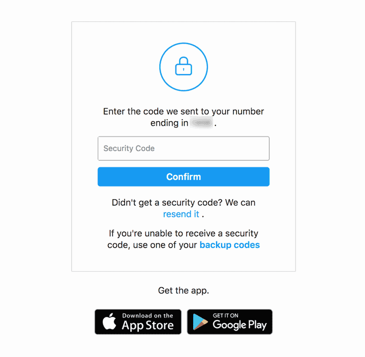 screenshot shows where to enter security code to log into IG account.
