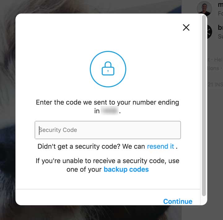 screenshot shows where to enter security code to log back into first account.
