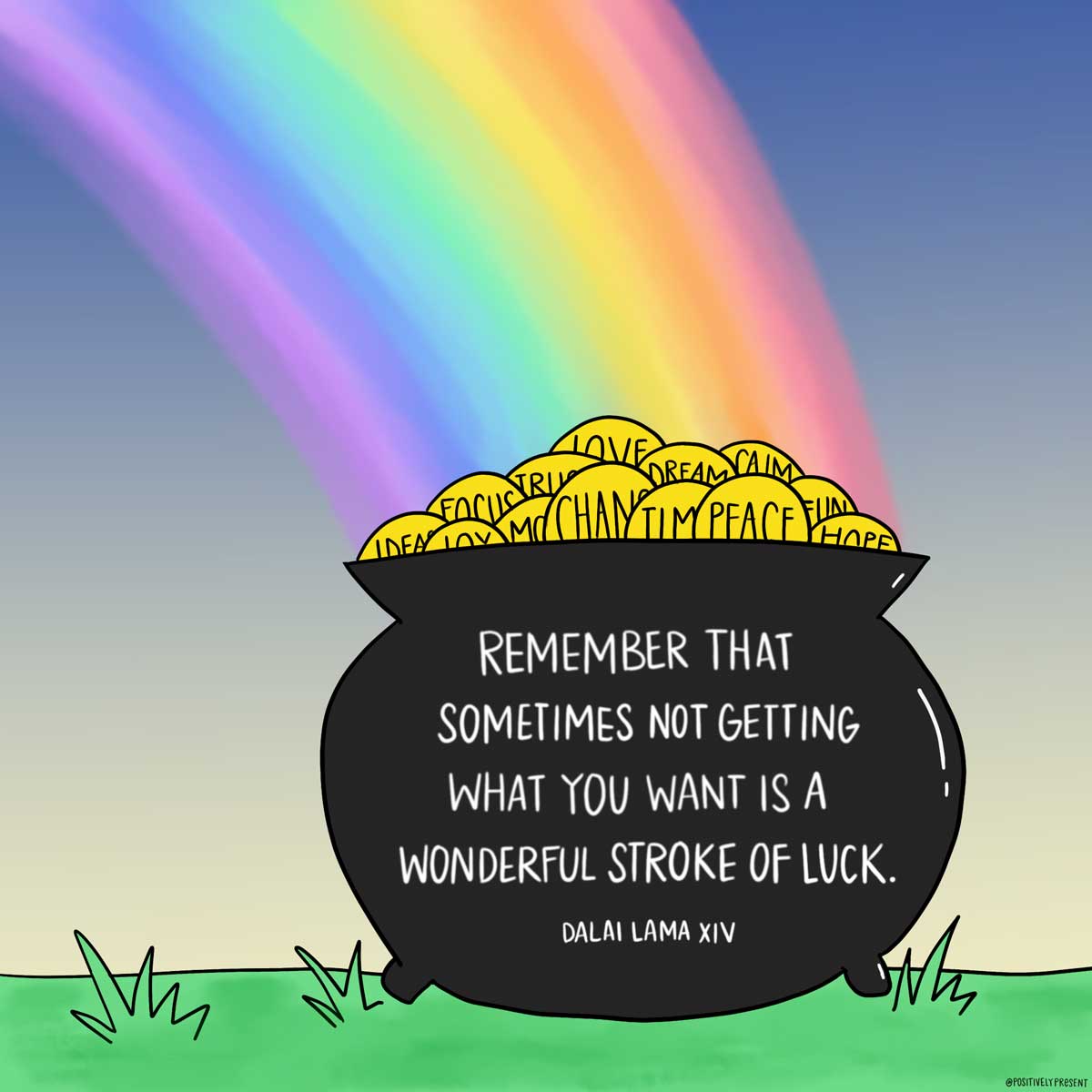 rainbow with pot of gold says not getting what you want is a stroke of luck.