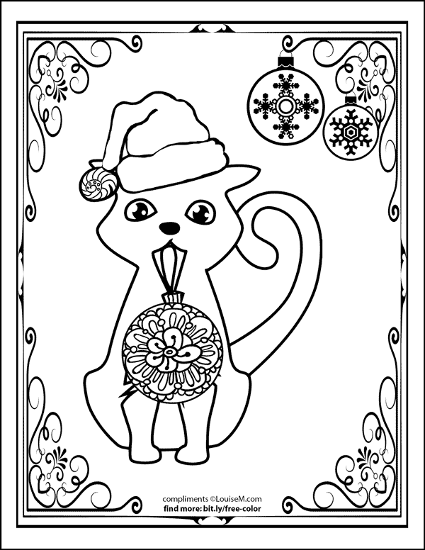 Christmas coloring page of a cat in a Santa hat and ornaments.