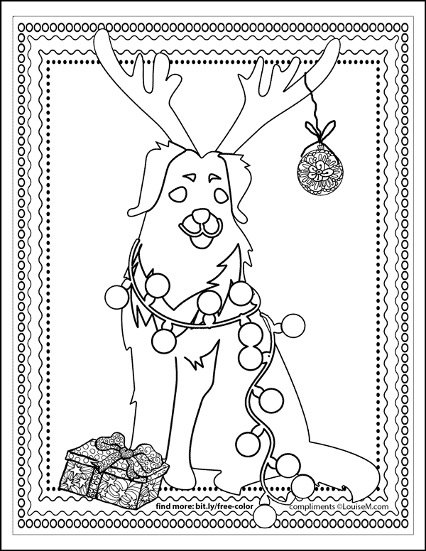 Christmas coloring page of dog with reindeer antlers and ornament.